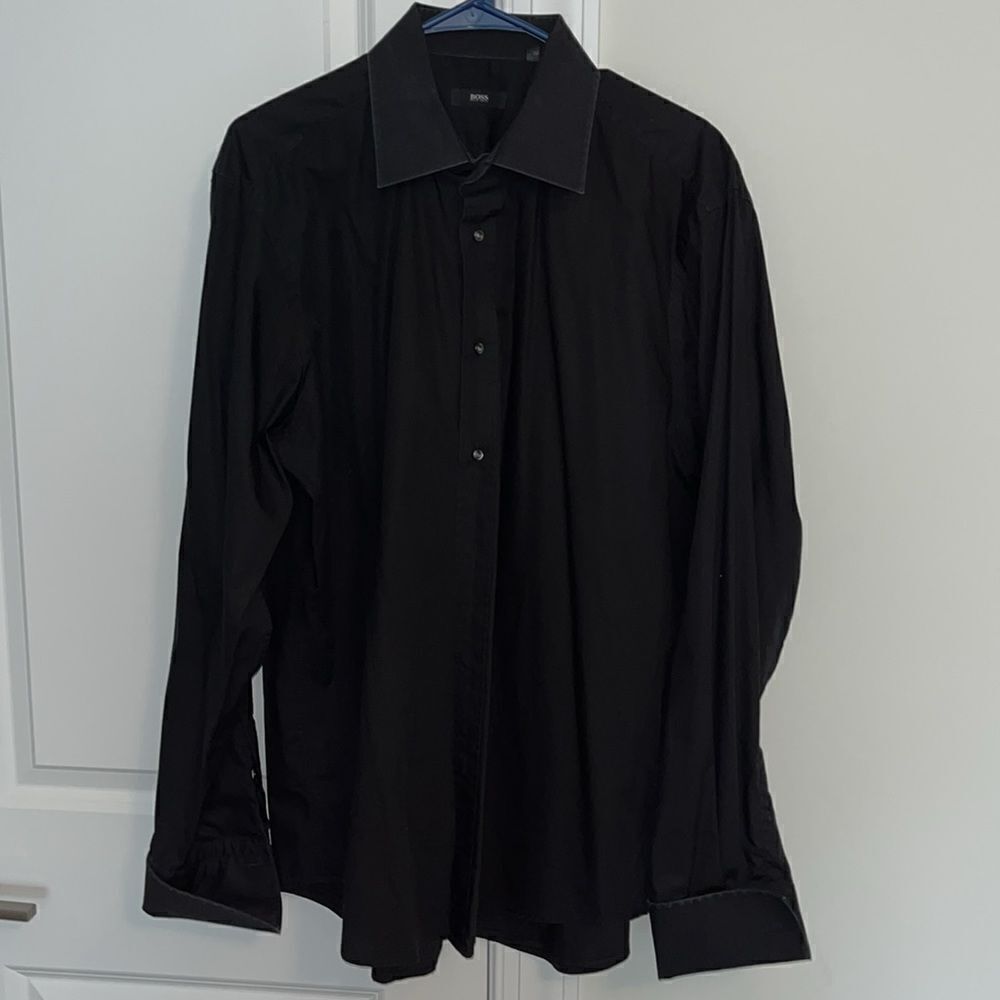 Hugo Boss Button Down Black Shirt 100% Cotton Shirt Pointed Collar French Cuff